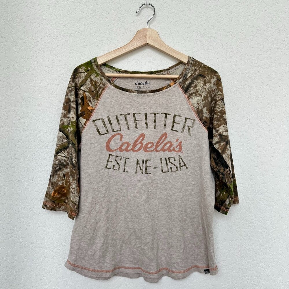 🌟 Women's Cabela's Baseball Tee - Camo Sleeves, Size Medium 🌟